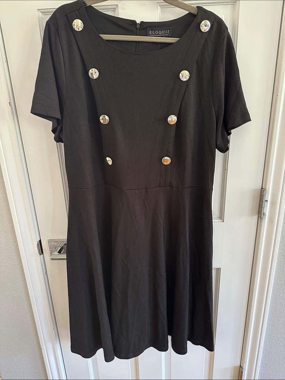 Eloquii Black Short-Sleeve A-Line Dress with Shiny Silver Buttons